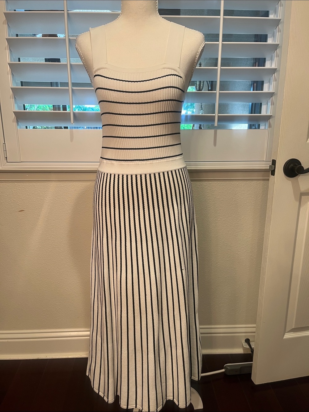 Banana Republic White and navy Striped Knit Midi Dress